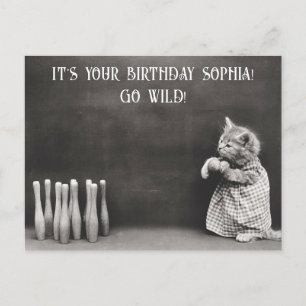 Süße Lustige Vintage Katze Geburtstag Bowling Postkarte