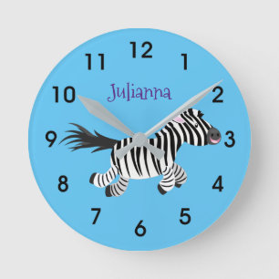 Süße lustige Zebras laufende Cartoon-Illustration Runde Wanduhr