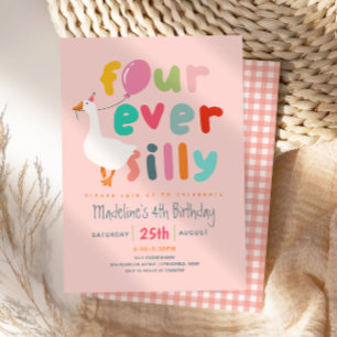 Süße Mädchen “Four Ever Silly” 4. Geburtstag Gans Einladung