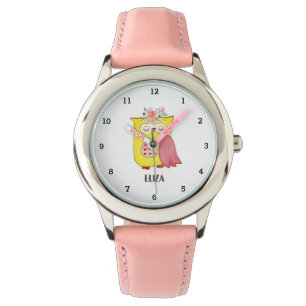 Süße Mädchen gelbe Eule Vogel Tiere Kinder Blumen Armbanduhr