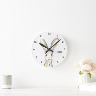 Süße Mädchen Rosa Hase Kaninchen Tier Kinder Blume Runde Wanduhr