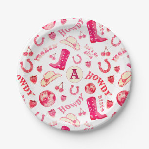 Süße Mädchen-Rosa-Rote Disco-Cowgirl mit Monogramm Pappteller