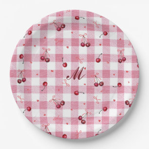 Süße Mädchen-Schleifen Kirschen Rosa Gingham Karie Pappteller