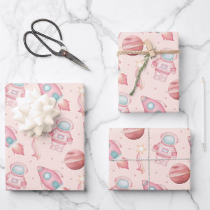 Süße Mädchen Weltraum Geburtstag Rosa Astronaut Geschenkpapier Set