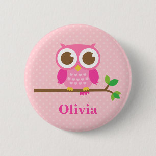 Süße, Mädchenhafte Rosa Eule auf Ast für Mädchen Button