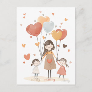 Süße Mama mit zwei Kindern und Luftballons Postkarte