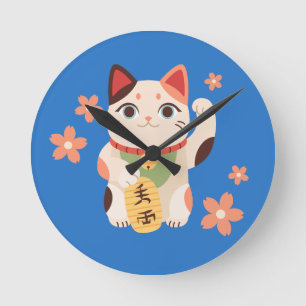 Süße Maneki Neko Glückskatze Runde Wanduhr