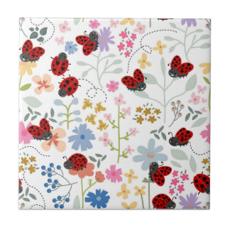 Süße Marienkäfer Fantasievolle Florale Mädchen Nah Fliese