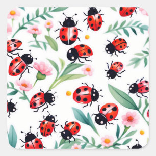 Süße Marienkäfer und Blumen Muster weiß Quadratischer Aufkleber