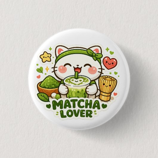 Süße Matcha-Liebhaber-Katze Button (Vorderseite)