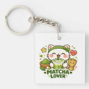 Süße Matcha-Liebhaber-Katze Schlüsselanhänger