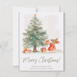 Süße Maus an Weihnachtsbaum und Geschenke Karte