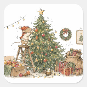 Süße Maus dekoriert Weihnachtsbaum für Tierliebhab Quadratischer Aufkleber