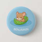 Süße Maus in einem Blattboot Blau Benutzerdefinier Button (Vorderseite)