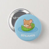 Süße Maus in einem Blattboot Blau Benutzerdefinier Button (Vorne & Hinten)