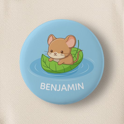 Süße Maus in einem Blattboot Blau Benutzerdefinier Button