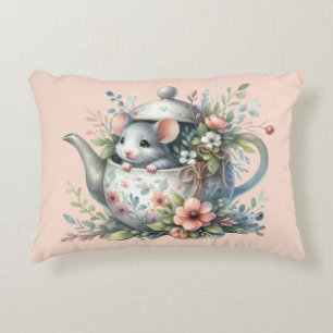 Süße Maus in floraler Teekannen-Illustration Dekokissen