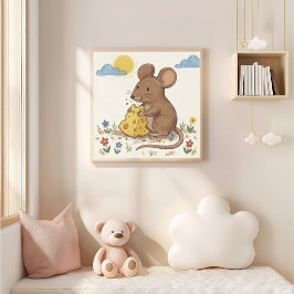 Süße Maus isst Käse, Buntstiftzeichnung Kind Poster