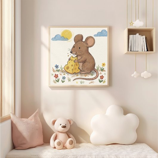 Süße Maus isst Käse, Buntstiftzeichnung Kind Poster