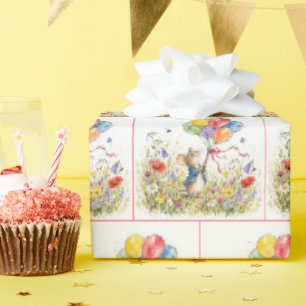 Süße Mäuse mit Ballonbouquets in Wildblumen Geschenkpapier