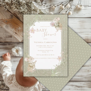 Süße Mäuse Sage Grün Floral Vintage Babyparty-Einl Einladung