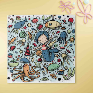 Süße Meerjungfrau Fische und Boote Cartoon Collage Puzzle