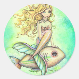 Süße Meerjungfrau und Fisch Fantasy-Kunst Runder Aufkleber