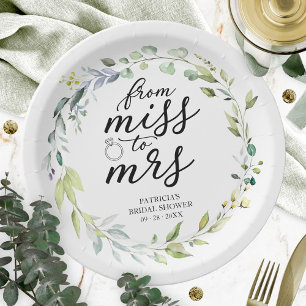 Süße Miss zur Mrs Greenery Eukalyptus Hochzeit Pappteller