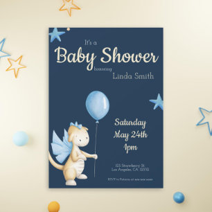 Süße Mitternachtsblaue Drachen-Baby-Party Einladung