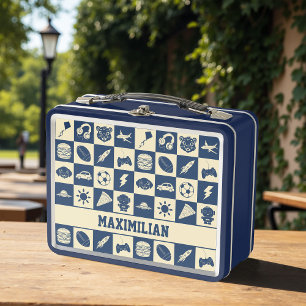 Süße moderne blaue karierte Icons Muster Jungen-Sp Metall Brotdose