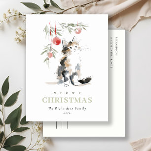 Süße moderne Wasserfarbe Meowy Weihnachtsbaum-Katz Feiertagspostkarte