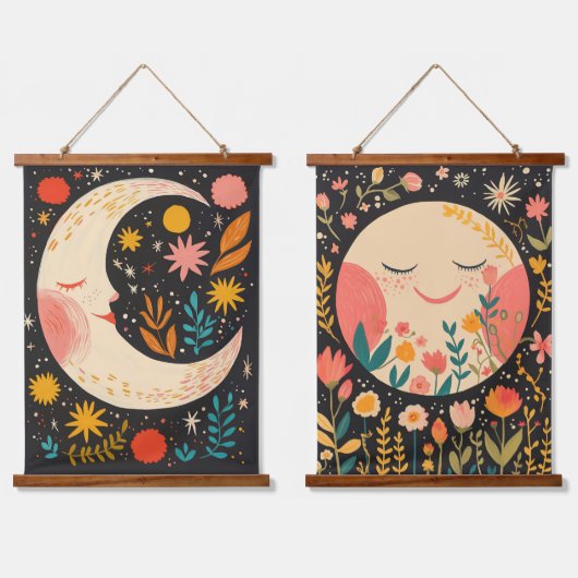 Süße Monde Boho Blumenillustration Wandteppich Mit Holzrahmen (Doppelt)