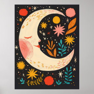 Süße Mondnacht Himmel Boho Blumenillustration Poster