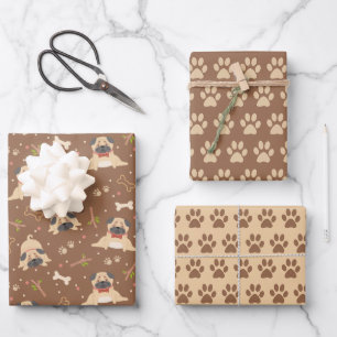 Süße Mops-Hundepfoten Geschenkpapier Set von 3