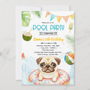 Süße Mops-Poolparty-Themen-Einladung Einladung