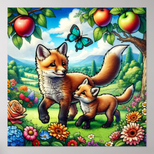 Süße Mutter und Babyfuchs in einem farbenfrohen Bl Poster