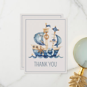 Süße nautische Blaue Wasserfarbe Schiff Baby Showe Dankeskarte
