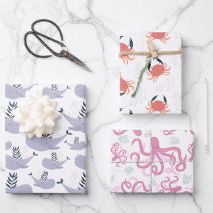 Süße nautische Wal-Krabbe-Oktopus Geschenkpapier Set