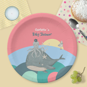 Süße nautische Wal-Tintenfisch-Rosa-Baby-Party Pappteller