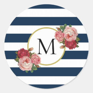Süße Navyblaue Weiße Gestreifte Retro Florale Mono Runder Aufkleber