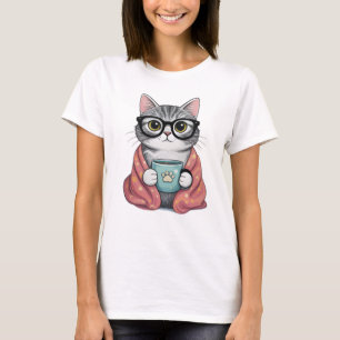 Süße nerdige Katze trinkt Kaffee T-Shirt