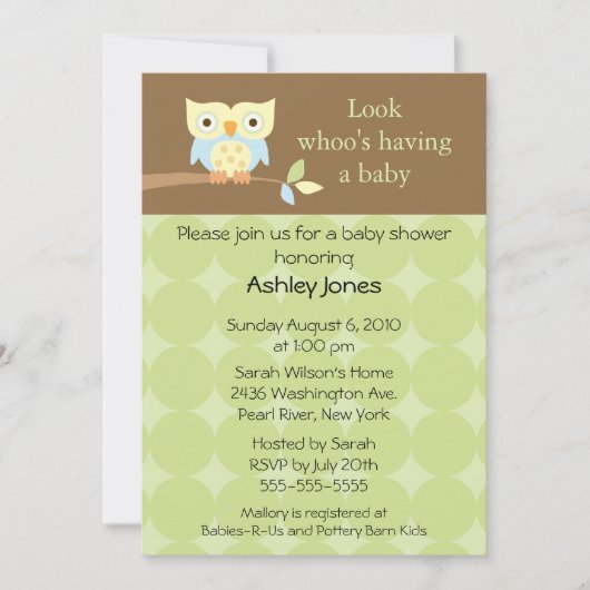 Süße niedliche Eulen-neutrale Baby-Dusche Einladung (Vorderseite)