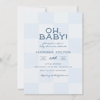 Süße Oh Baby Moderne Blaue Karierte Babyparty Einladung