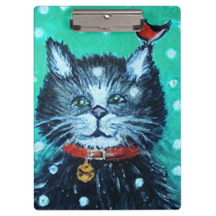 Süße Ölmalerei-Katze mit Vogel-Weihnachtsgruß Klemmbrett