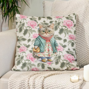 Süße Oma-Katze Rosa Blumen-Schürze Pullover Kissen