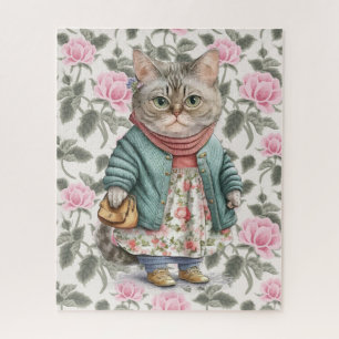 Süße Oma-Katze Rosa Blumen-Schürze Pullover Puzzle