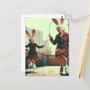 Süße Oma-Osterhasen springen Seil Glitch Postkarte
