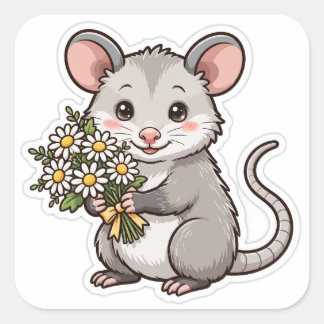 Süße Opossum-Margeriten Opossum-Aufkleber Quadratischer Aufkleber