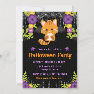 Süße orange Katze Florales Halloween-Party Einladung