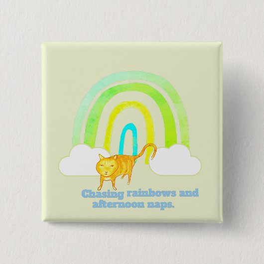 Süße orange Katze jagt Regenbögen und hält Nickerc Button (Vorderseite)